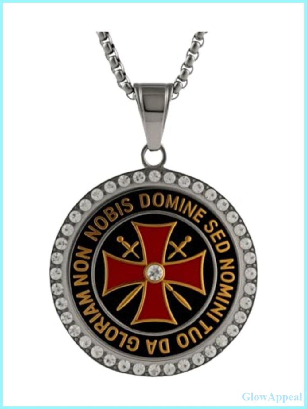 Knights Templar Cross Pendant Necklace Stainless Steel Crystal Rhinestones
